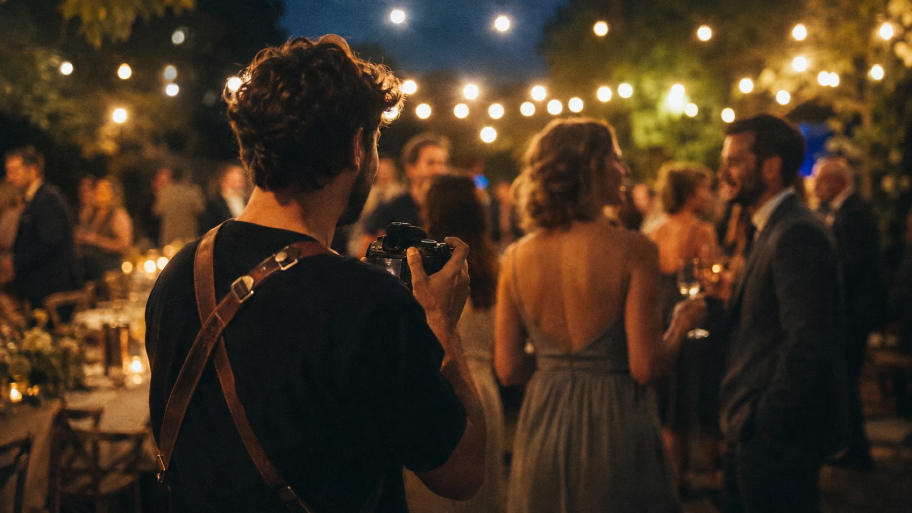 Fotograf fotografiert G&auml;ste bei einem Abendevent, Lichterkette im Hintergrund